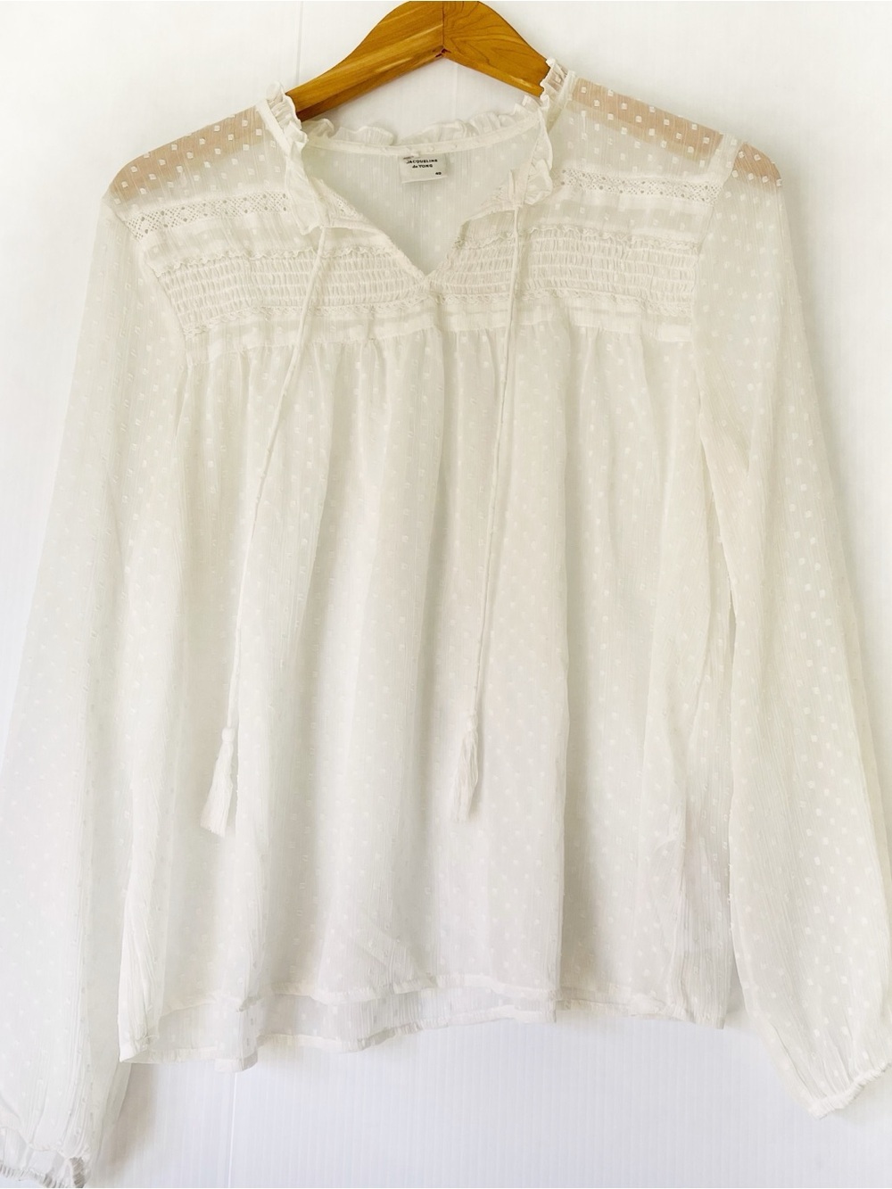Jaqueline de Yong White Swiss-Dot Peasant Blouse with Smocked Yoke & Tassel Tie